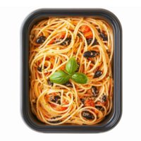 Delicious Spaghetti with Olives and Tomatoes Garnished with Fresh Basil in Takeout Container png
