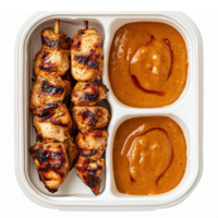 Grilled Chicken Skewers with Spicy Peanut Sauce and Dipping Sauces in a Meal Prep Container png