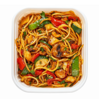 Delicious Stir Fry Noodles with Colorful Vegetables and Chicken in Takeout Container png
