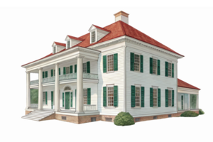 Beautiful Colonial Style House with Green Shutters and Red Roof on Transparent Background png