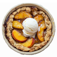 Delicious Peach Cobbler with Vanilla Ice Cream in Rustic Dish on Transparent Background png