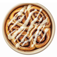 Freshly Baked Cinnamon Rolls with Creamy Icing in Round Baking Dish on Transparent Background png