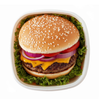 Delicious Cheeseburger with Fresh Lettuce Tomato Onion and Sesame Seed Bun on White Background png