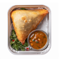 Delicious Samosa with Curry Sauce and Fresh Salad in Takeout Container on Transparent Background png