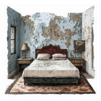 Vintage Bedroom Interior with Peeling Wallpaper and Rustic Furniture in Warm Earthy Tones png