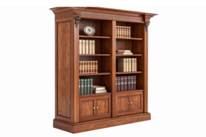Elegant Wooden Bookcase with Open Shelves and Classic Decor for Home Office or Library png