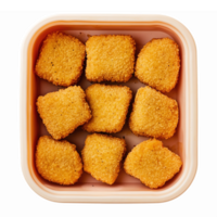 Golden Breaded Chicken Nuggets in a Pink Container with Transparent Background png