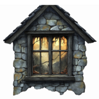 Cozy Stone Cottage Window with Warm Light Glow and Rustic Nature Scene Inside png