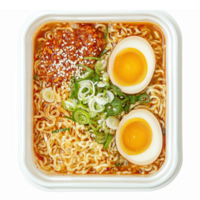 Delicious Ramen Noodle Bowl with Soft Boiled Eggs and Fresh Scallions on Transparent Background png