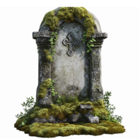 Ancient Weathered Cemetery Tombstone Covered in Moss with Cross Symbol on a Transparent Background png