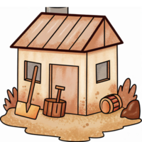 Charming Rustic House with Garden Tools and Barrels in a Farmyard Setting png