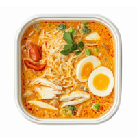 Delicious Creamy Chicken Noodle Soup with Broccoli and Soft Boiled Eggs in a Square Bowl png