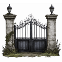 Intricate Gothic Garden Gate with Ivy Climbing Stone Pillars and Lanterns on a Transparent Background png
