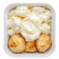 Delicious Creamy Mashed Potatoes with Buttery Biscuits in a Takeout Container png
