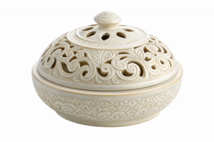 Intricately Designed Decorative Ceramic Bowl with Ornate Lid and Openwork Pattern png