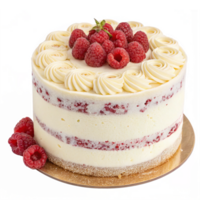 Delicious Raspberry Cream Cake with Fresh Berries and Decorative Icing on a Golden Base png