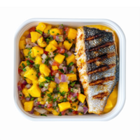 Grilled Fish with Mango Salsa Healthy Meal in Transparent Container png