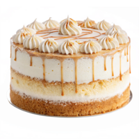 Delicious Layered Cake with Creamy Frosting and Drizzled Caramel Topping on Transparent Background png