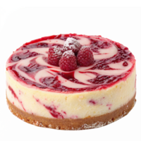 Delicious Raspberry Swirl Cheesecake on a Smooth Crust with Fresh Raspberries Topping png