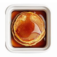 Stack of Fluffy Pancakes Drizzled with Maple Syrup in White Container with Transparent Background png