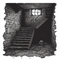 Dark Abandoned Staircase with Skull in Grungy Dungeon Environment Illustration png
