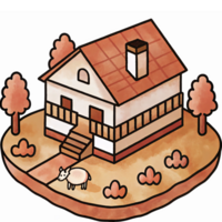 Charming Cozy House Surrounded by Nature with Sheep and Trees in a Serene Landscape png