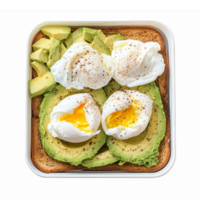 Delicious Avocado Toast with Poached Eggs and Fresh Avocado Slices on a White Plate png