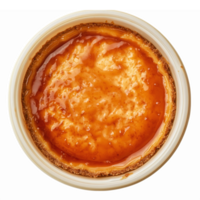 Delicious Creamy Caramel Flan Dessert in White Round Dish on Transparent Background png
