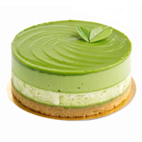 Delicious Matcha Green Tea Cake with Cream Layer and Leaf Garnish on a Plate png