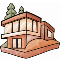 Modern Architectural House Design with Large Windows and Surrounding Trees png