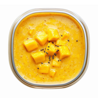 Creamy Mango Puree with Fresh Mango Cubes and Black Seeds in a Clear Container png