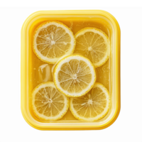 Fresh Lemon Slices in Yellow Container with Refreshing Lemonade Drink Above View png