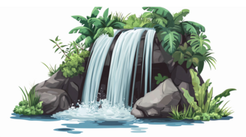 Serene Tropical Waterfall Cascade Surrounded by Lush Greenery and Rocks in a Tranquil Environment png