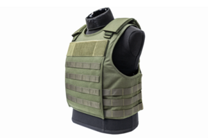 Tactical Green Bulletproof Vest Model Displayed on Mannequin with Modular Design for Security Applications png