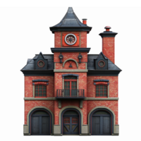 Victorian Style Red Brick Building with Clock Tower and Arched Windows for Architectural Design png