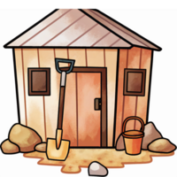Charming Wooden Shed with Shovel and Bucket Surrounded by Rocks and Sand png