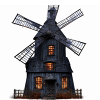 Rustic Windmill with Spinning Blades and Glowing Windows on Transparent Background png