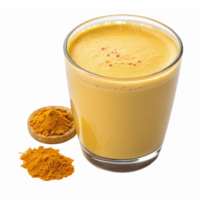 Golden Turmeric Latte with Spices in a Glass Cup and Powdered Turmeric on the Side png
