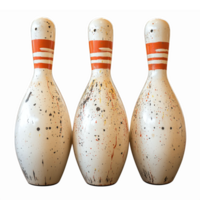 Three Vintage Bowling Pins with Colorful Splatter Design on Transparent Background png