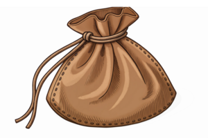 Brown Drawstring Treasure Bag with Detailed Stitching and Shadows for Design Use png