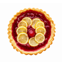 Delicious Lemon Raspberry Tart with Fresh Lemon Slices and Red Berry Jam on Transparent Background png