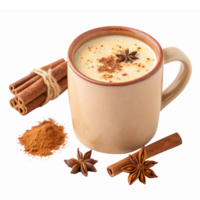 Creamy Spiced Chai Latte in Rustic Mug with Cinnamon Sticks and Star Anise on Transparent Background png