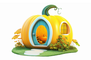 Whimsical Pumpkin House with Colorful Door surrounded by Lush Greenery and Autumn Elements png