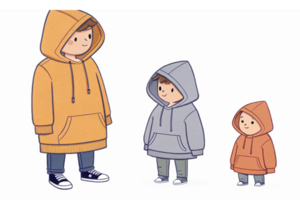 Playful Characters in Hoodies Cartoon Style Perfect for Childrens Apparel and Marketing png