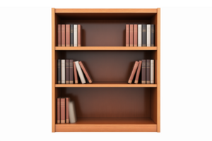 Wooden Bookshelf with Multiple Shelves Filled with Colorful Books on a Transparent Background png