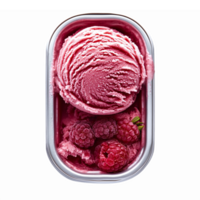 Delicious Pink Raspberry Ice Cream Scoop in a Silver Container with Fresh Berries png