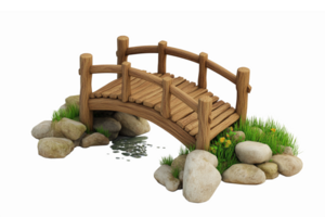 Wooden Bridge Over Stream Surrounded by Rocks and Grass in Tranquil Nature Scene png