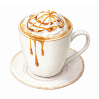 Delicious Caramel Coffee with Whipped Cream and Drizzle in Elegant Cup on Saucer png