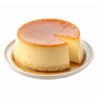 Delicious Creamy Flan Dessert on Plate with Caramel Topping and Slice Removed png