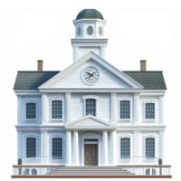 Elegant Colonial Style Building with Clock Tower Front Steps and White Facade png
